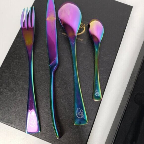 Iridescent Cutlery Four Piece Set in Box New Stainless Steel Rainbow - Picture 11 of 13